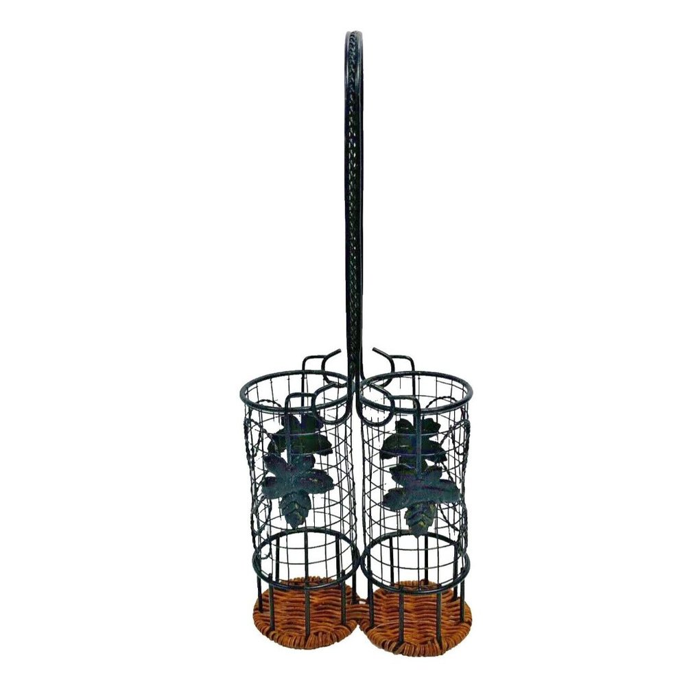 Tuscan Wicker Metal Wire Kitchen Caddy For Skinny Oil Vinegar Bottles Decor 14”